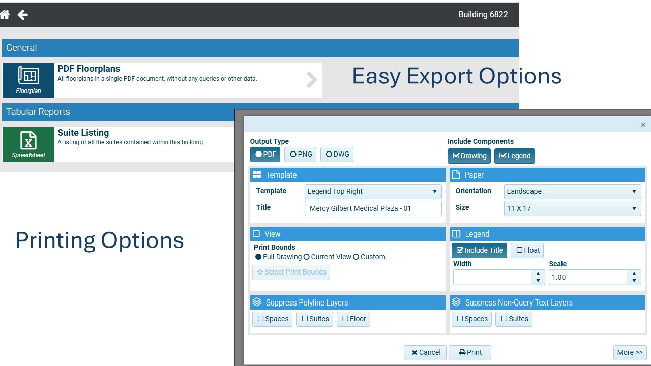 Easy export options — PDF, PNG, DWG with templated legends