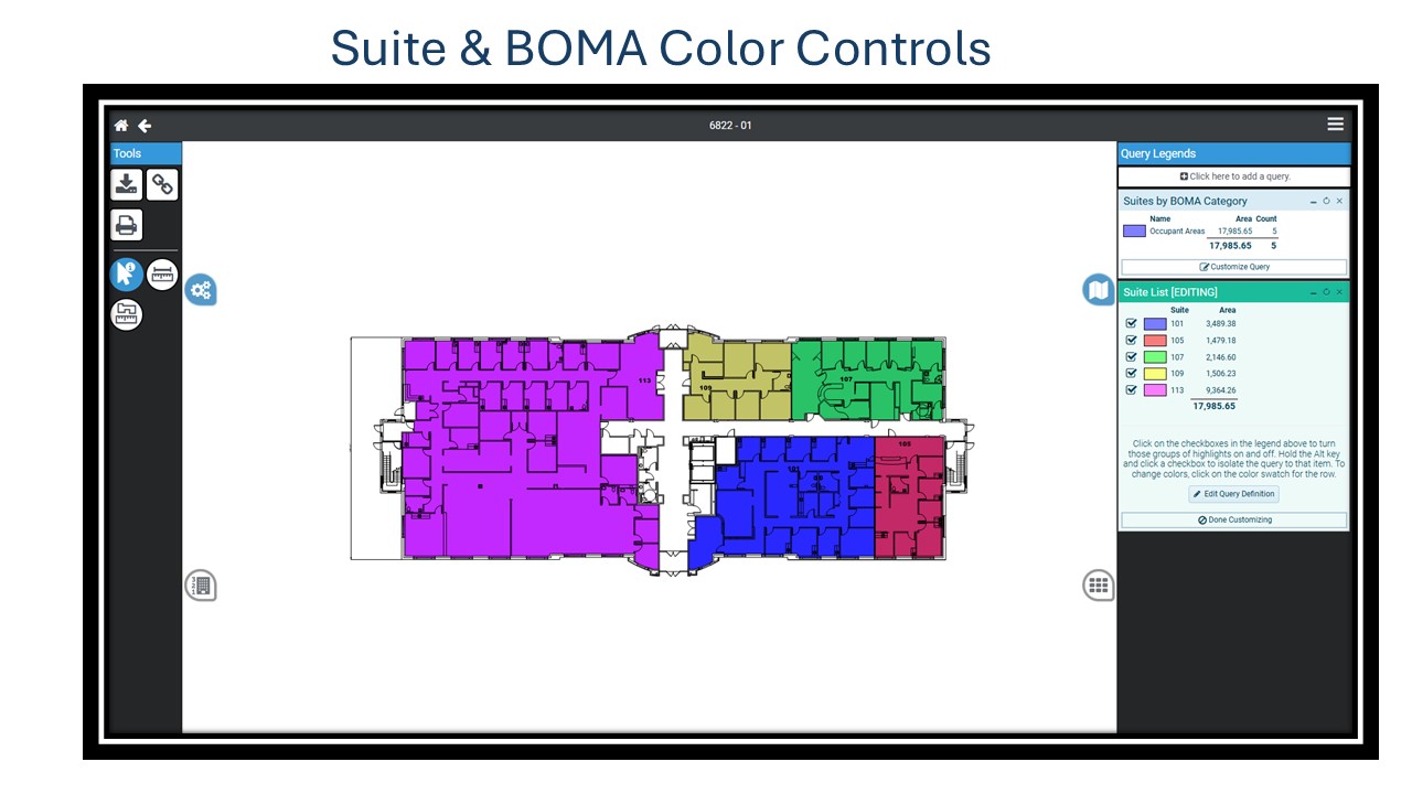 Suite & BOMA colour controls — live query legends